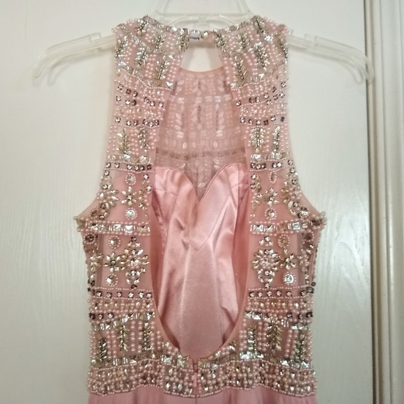 Heavily Beaded Pink & Silver Illusion High Neck, Backless, A-line Formal Gown - Picture 5 of 7